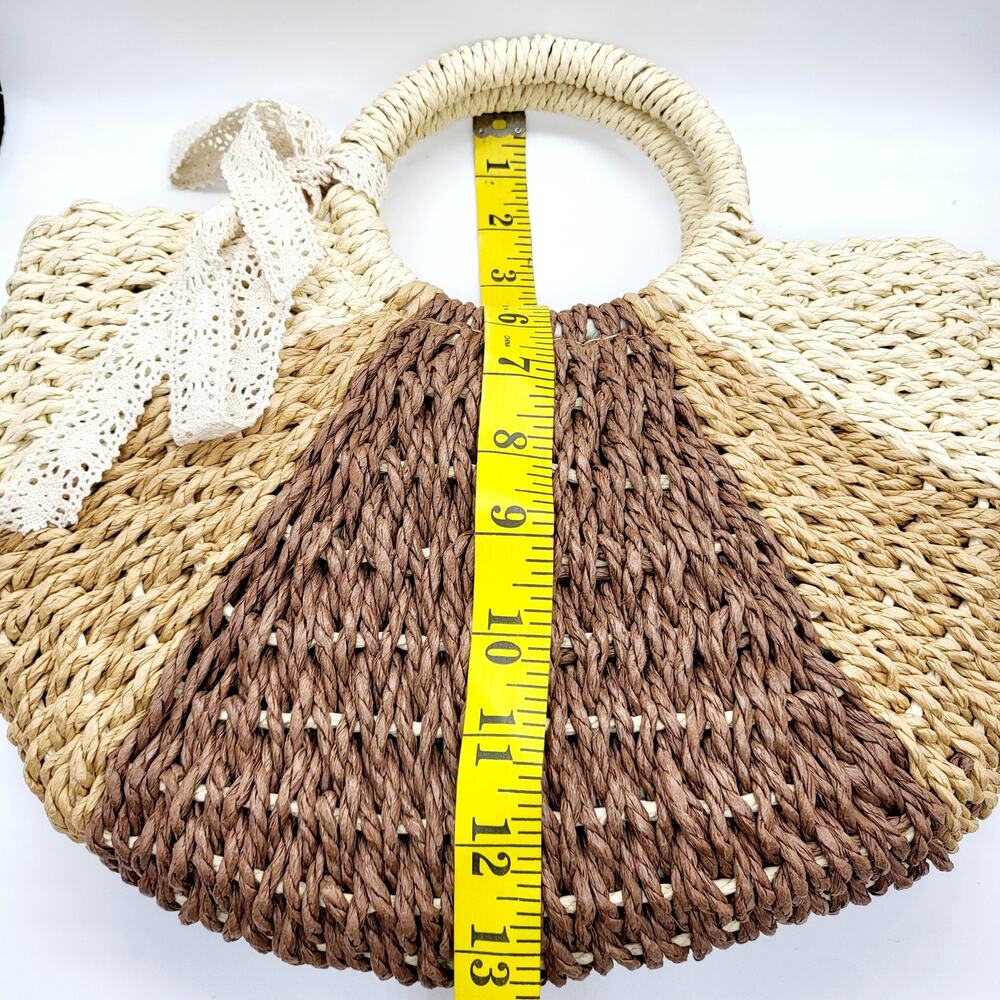 Convertible Brown Beige Colorblock Raffia Rattan Straw Handbag Purse Vacation - Picture 9 of 12